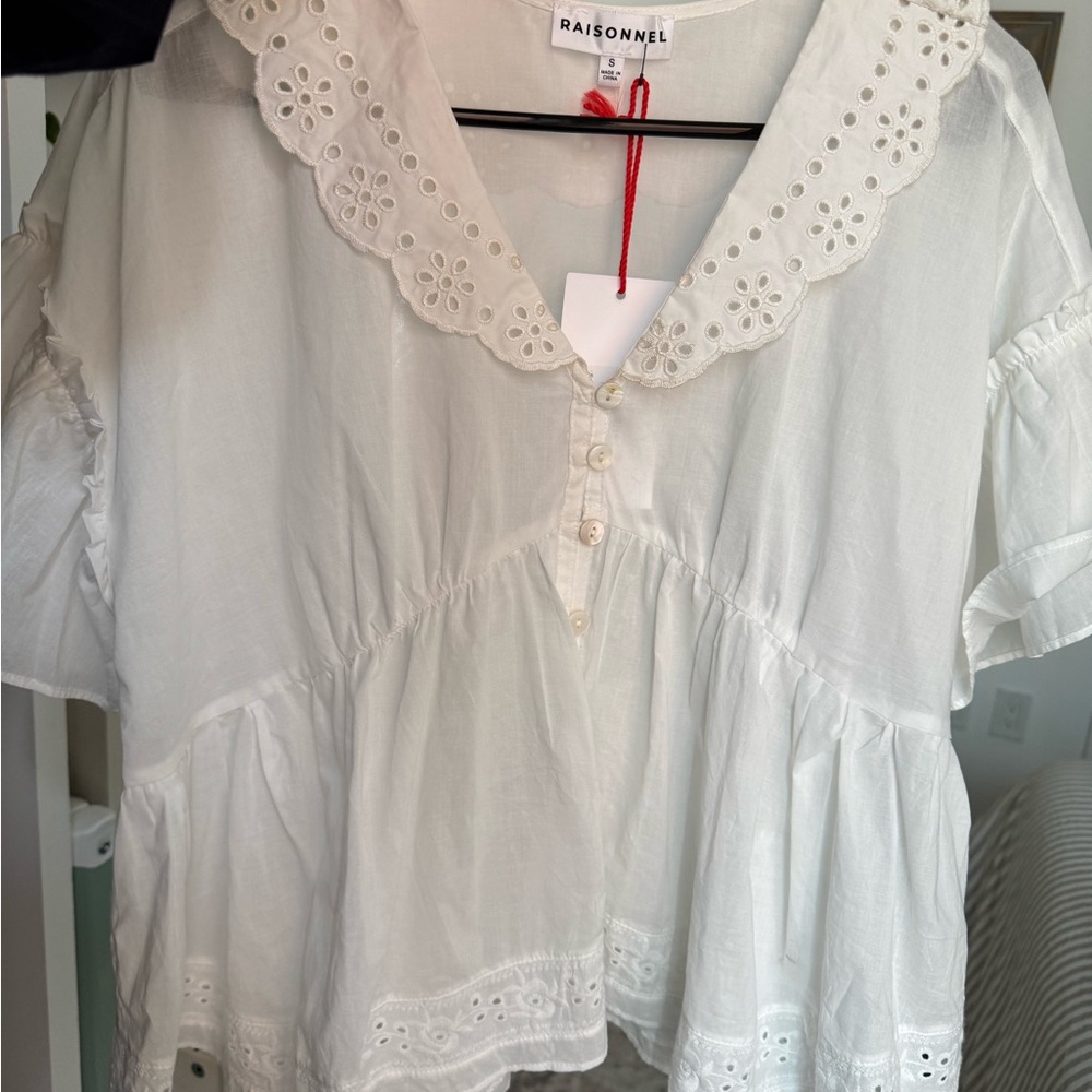 White Eyelet-Trim Peplum Blouse - Picture 4 of 5